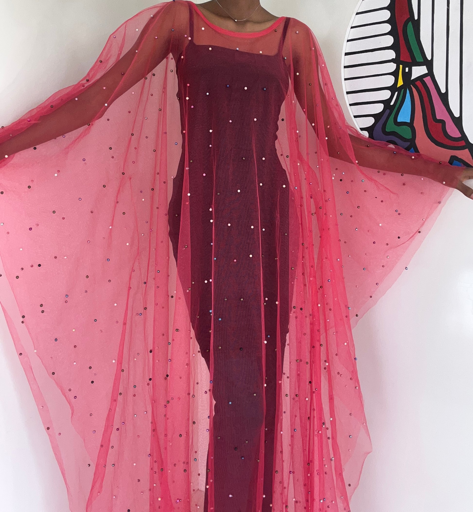 Pearl-adorned kaftan dress